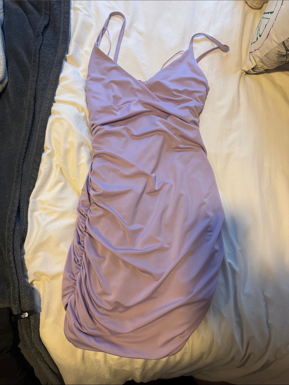 Olivaceous Lilac Ruched Spaghetti Strap Mini Dress